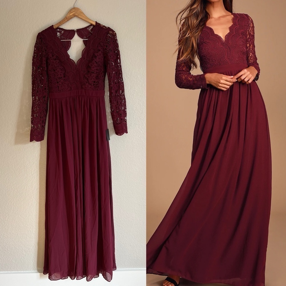 NWOT Awaken My Love Burgundy Long Sleeve Lace Maxi Dress